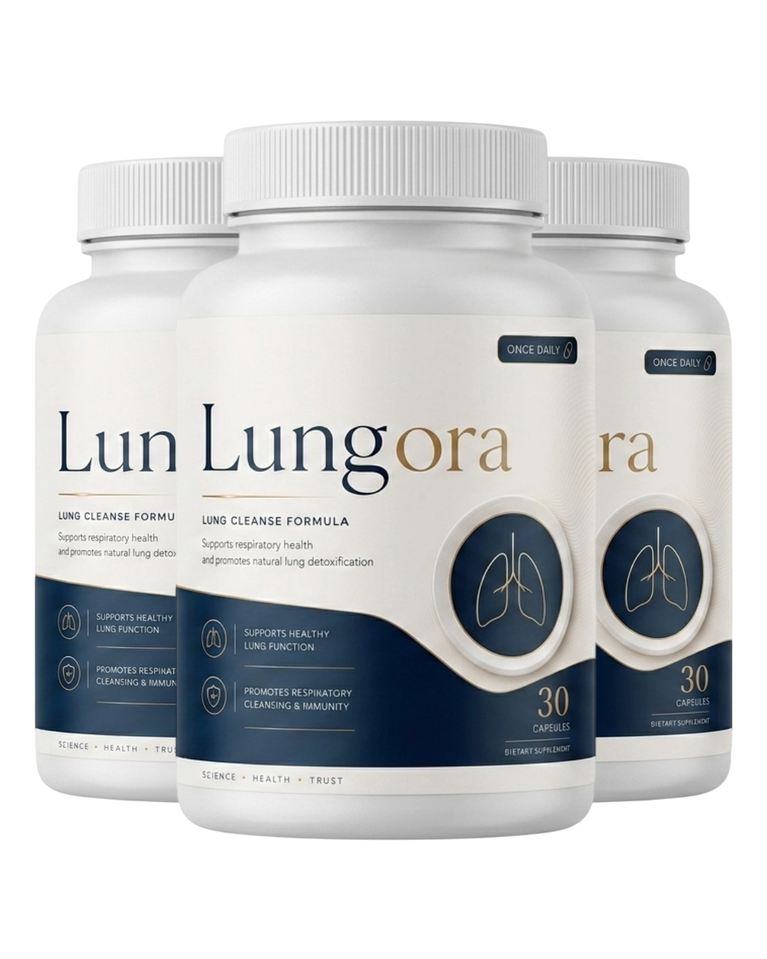 Three bottles of Lungora lung health supplement
